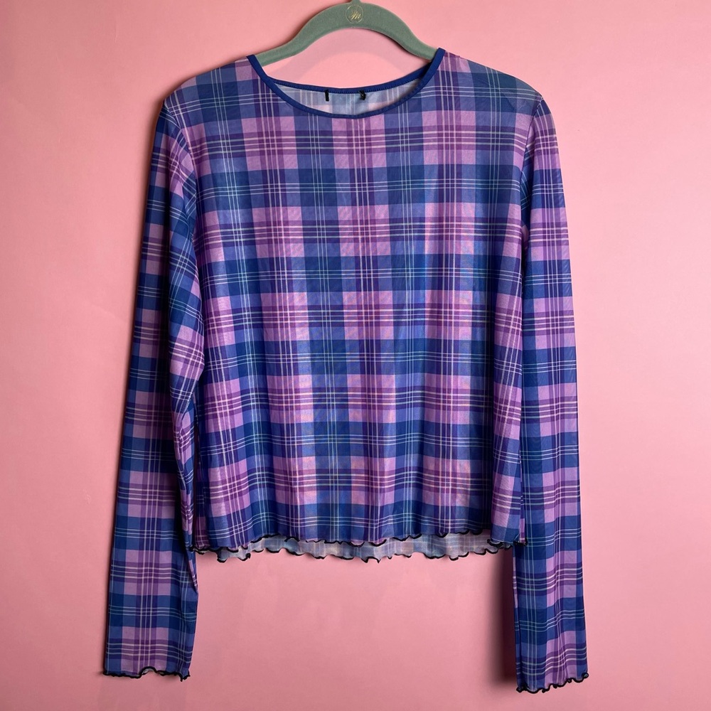 Delia’s x Dolls Kill Plus Size Plaid Sheer Mesh Top Purple Pink Blue Long Sleeve